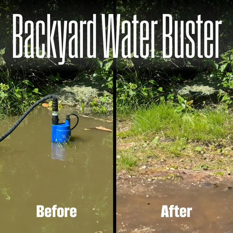 1/4 HP Submersible Sump Pump, 25 GPM High Flow Water Removal, portable thermoplastic utility pump in use draining backyard water
