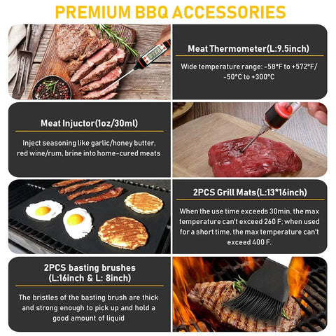 34 Piece Grill Accessory Set With Heavy Duty Stainless Steel Tools Built In Thermometer Grill Mats And Hanging Loops