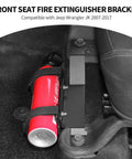 Under Front Seat Fire Extinguisher Bracket For Jeep Wrangler JK 2007 2008 2009 2010 2011 2012 2013 2014 2015 2016 2017 Left Side Mount Heavy Duty Metal Holder With Adjustable Nylon Strap Easy Install Off Road Safety Accessory installed view.