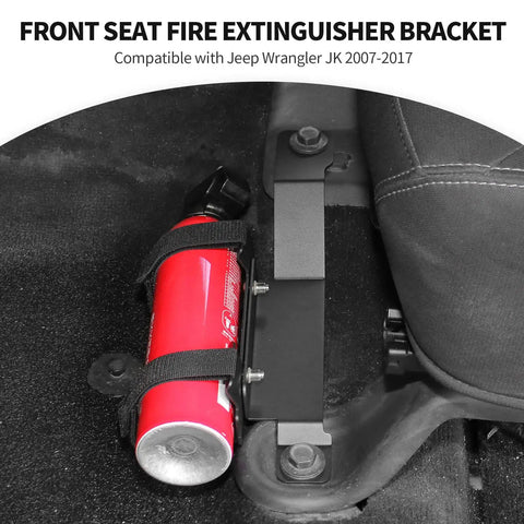 Under Front Seat Fire Extinguisher Bracket For Jeep Wrangler JK 2007 2008 2009 2010 2011 2012 2013 2014 2015 2016 2017 Left Side Mount Heavy Duty Metal Holder With Adjustable Nylon Strap Easy Install Off Road Safety Accessory installed view.