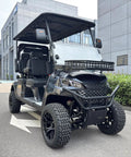 Black 4 Seater Electric Golf Cart With Durable Roof And Clear Windshield Including Front Basket And Rear Cargo Box Engineered For Street Legal Neighborhood Kick Back Cruising.