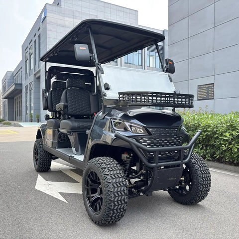Black 4 Seater Electric Golf Cart With Durable Roof And Clear Windshield Including Front Basket And Rear Cargo Box Engineered For Street Legal Neighborhood Kick Back Cruising.