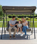 Three Person Outdoor Porch Swing Chair With Adjustable Canopy Breathable Fabric Seat And Backrest Armrests Heavy Duty Frame 600 Lbs Capacity For Patio Backyard Or Garden Gray Ideal For Chill Sessions And Social Evenings.