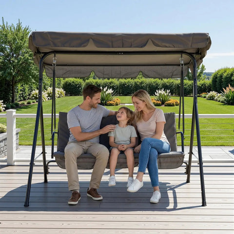 Three Person Outdoor Porch Swing Chair With Adjustable Canopy Breathable Fabric Seat And Backrest Armrests Heavy Duty Frame 600 Lbs Capacity For Patio Backyard Or Garden Gray Ideal For Chill Sessions And Social Evenings.