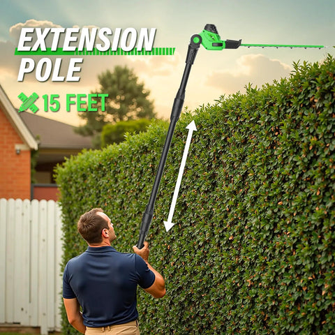 Man using Cordless 18 Inch Hedge Trimmer with Extension Pole and 16 Foot Reach for multi angle cutting on tall hedges
