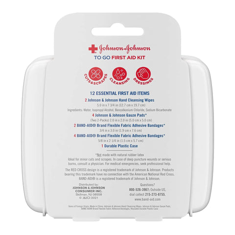 Back view of Red Cross First Aid Go To Mini Kit with 12 Essentials, product details and contents listed on white plastic case.