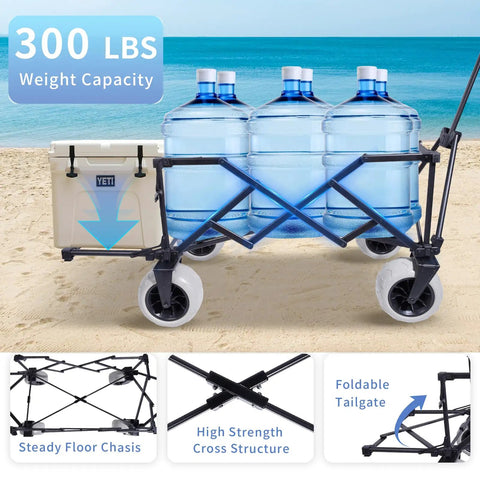 260L Heavy Duty Collapsible Beach Wagon With 9in Sand Wheels And Rear Tailgate carrying water jugs on sand