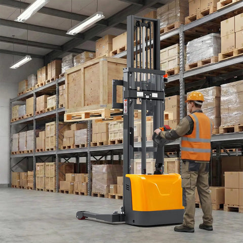 Compact Electric Pallet Stacker Rock Solid Workhorse 3300 Lb Capacity 138 Inch Max Lift Height Gel Battery Powered Forklift in warehouse.