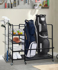 On Wheels Golf Bag Rack With Storage For Two Bags And Gear Heavy Duty Golf Organizer in garage with clubs and accessories