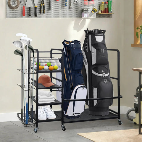 On Wheels Golf Bag Rack With Storage For Two Bags And Gear Heavy Duty Golf Organizer in garage with clubs and accessories