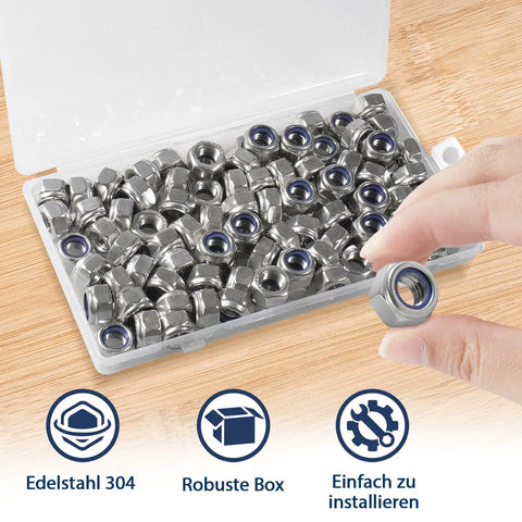 Badass M8 Nylock Nuts 90 Pack Stainless Steel Locking Nuts With Nylon Insert Rust Resistant Heavy Duty Metric Hardware, in storage box.