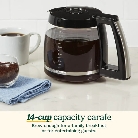 Replacement 14 Cup Glass Carafe For Coffee Maker With Dripless Spout And Knuckle Guard Ergonomic Black Handle 70 Fluid Ounces Fits Most 14 Cup Models Easy To Clean shown on kitchen counter