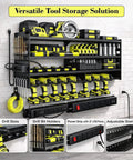 Six Shelf Heavy Duty Power Tool Organizer Wall Mount With Drill Holder Slots Side Screwdriver Racks And Hook Bar For Garage And Workshop Storage And Quick Tool Access displaying tools and accessories.