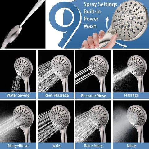 Slide Bar Shower System With Handheld Shower Head showing 9 spray settings and ADA compliant options in brushed nickel finish.