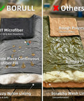 Comparison of BORULL and other sleeping bags; BORULL features water-repellent microfiber and fuzzy lining; others have rough materials.