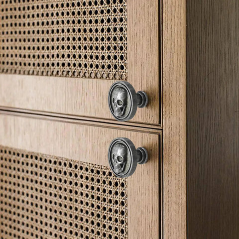 Six Pack Vintage Skull Cabinet Knobs Set With Zinc Alloy Single Hole Drawer Pulls on wooden doors, rustic ancient tin finish