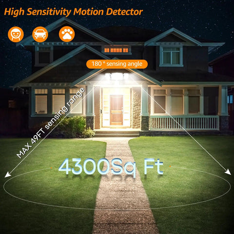 Motion Sensor Outdoor Flood Lights LED 60W 6200LM IP65 Waterproof illuminating front of house with 180 degree coverage