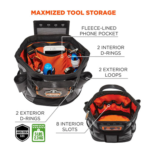 Interior view of Arsenal 5517 Premium Topped Tool Pouch With Zipper, showing fleece-lined pocket, slots, loops, and d-rings.