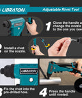 Heavy Duty Pop Rivet Gun Kit For Pros And DIYers, Manual Riveter Set step-by-step guide showing nozzle and rivet installation