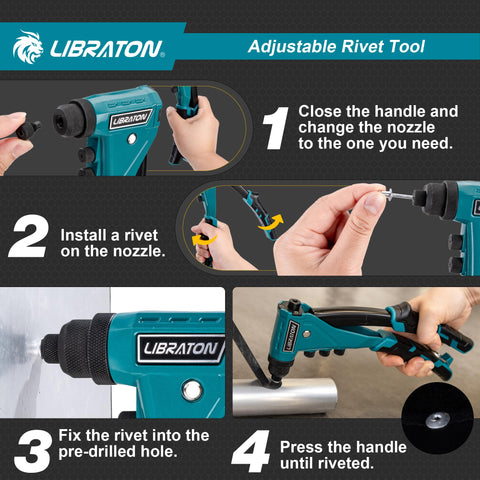 Heavy Duty Pop Rivet Gun Kit For Pros And DIYers, Manual Riveter Set step-by-step guide showing nozzle and rivet installation