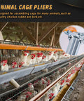 Animal cage pliers in use with poultry cages, showing chickens in wire enclosures under wooden beams.