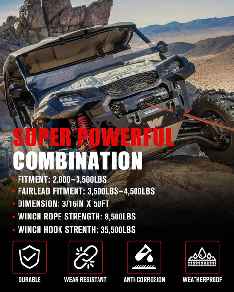 Beefy Heavy Duty 50Ft 3/16 Inch Synthetic Winch Rope Kit With Forged Hook in use on offroad ATV, displaying strength details.