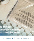 Close-up of Poly Bag Bundle Set Self Seal Clear Plastic Bags 6x9, 8x10, 9x12, 11x14 400 Pack with multilangual suffocation warning.
