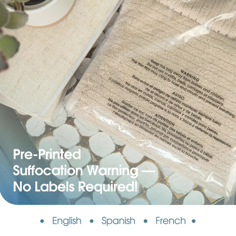 Close-up of Poly Bag Bundle Set Self Seal Clear Plastic Bags 6x9, 8x10, 9x12, 11x14 400 Pack with multilangual suffocation warning.