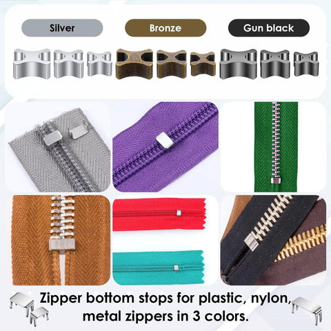Metal Zipper Repair Kit 123 Pieces includes three color bottom stops and various zipper sizes for DIY fixes on garments and bags.