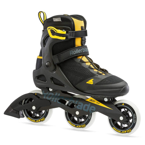 Macroblade 100 3WD Men's Fitness Inline Skates With High Cuff Support, black and saffron yellow, aluminum frame, side view.