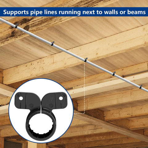 Nkiy Quen 3/4-in butterfly pipe clamps, black, 52 pcs for PEX/copper/CPVC tubing, shown installed on joists.