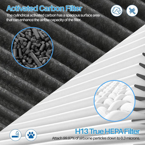 Close-up of 360 Degree Glass HEPA Plus Carbon Air Purifier Filter showing activated carbon and H13 True HEPA materials.