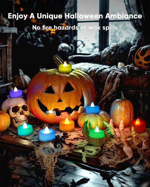 Flickering Flameless LED Tea Lights 24 Pack Battery Operated For Wedding Centerpieces And Home Decor Over 200 Hours Of Bright Realistic Candle Like Glow Ideal Gift with Halloween pumpkins and decorations.