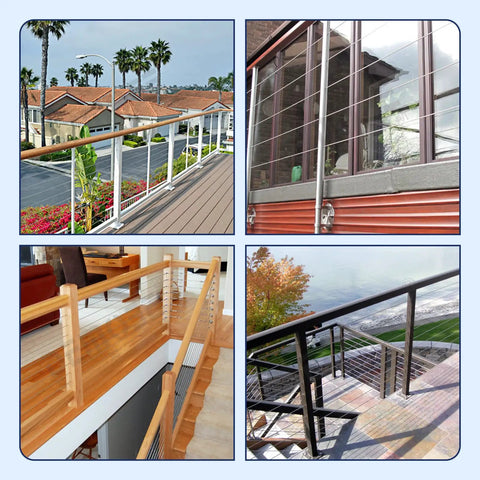 Four installations of 20 Pack Stemball Swage Dead End Invisible Cable Railing Kit Terminal For One Eighth Inch Deck Cable Railing Heavy Duty T316 Stainless Steel Stair Deck Hardware For Wood Or Metal Posts HF024S shown on various decks and stairs.