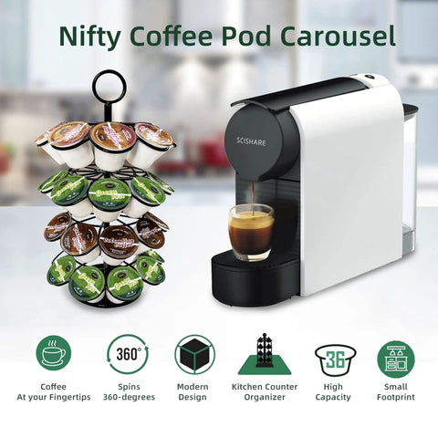 36 Pod K Cup Carousel Coffee Holder Rotating Metal Pod Organizer In Black Detachable 360 Degree Stand on kitchen counter