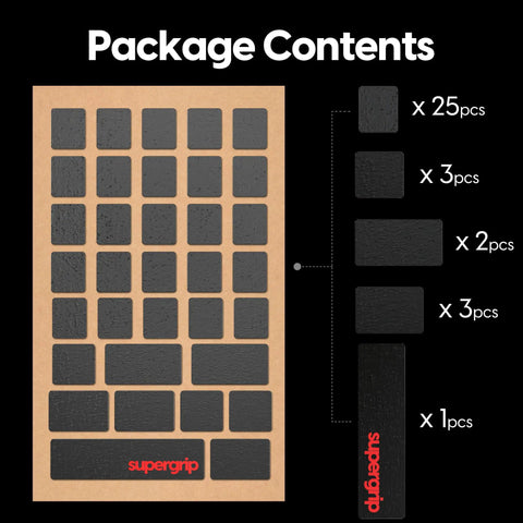 SuperGrip Pre Cut Keyboard Grip Tape Ultra Thin 0.5mm Sweat Absorbing Anti Slip Pre Laminated Universal Grip package contents