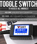 OBD2 Diagnostic Adapter With ELM327 Core, VINTScan System showing MS CAN HS CAN switch for Ford light pickup trucks