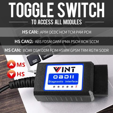 OBD2 Diagnostic Adapter With ELM327 Core, VINTScan System showing MS CAN HS CAN switch for Ford light pickup trucks