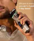 Ultra Prestige Wet And Dry Electric Shaver With SenseIQ Pro Technology Triple Lift And Cut System 360 Rotating NanoTech Precision Blades Beard Styler White Gold Finish For A Top Notch Clean Smooth Shave Anywhere. Men using shaver on 7-day beard