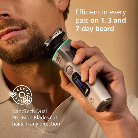 Ultra Prestige Wet And Dry Electric Shaver With SenseIQ Pro Technology Triple Lift And Cut System 360 Rotating NanoTech Precision Blades Beard Styler White Gold Finish For A Top Notch Clean Smooth Shave Anywhere. Men using shaver on 7-day beard