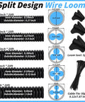Split Wire Loom Tubing Kit With Five Size Options Quarter Inch Three Eighths Inch Half Inch Three Quarters Inch And One Inch By Twenty Feet Easy Install DIY Friendly Automotive Marine RV Agriculture Electrical Cable Protection Flexible Conduit with diameter and cable tie details
