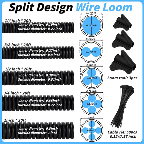 Split Wire Loom Tubing Kit With Five Size Options Quarter Inch Three Eighths Inch Half Inch Three Quarters Inch And One Inch By Twenty Feet Easy Install DIY Friendly Automotive Marine RV Agriculture Electrical Cable Protection Flexible Conduit with diameter and cable tie details