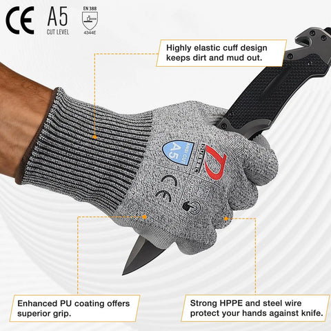 Cut Resistant Work Gloves Set, ANSI Level 5 Protection With PU Coating And Steel Reinforcement, holding knife.