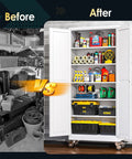Heavy Duty 75 Inch Metal Garage Storage Cabinet On Wheels With Two Doors And Five Adjustable Shelves For Home Office Workshop And Warehouse White Easy Assembly organized with tools