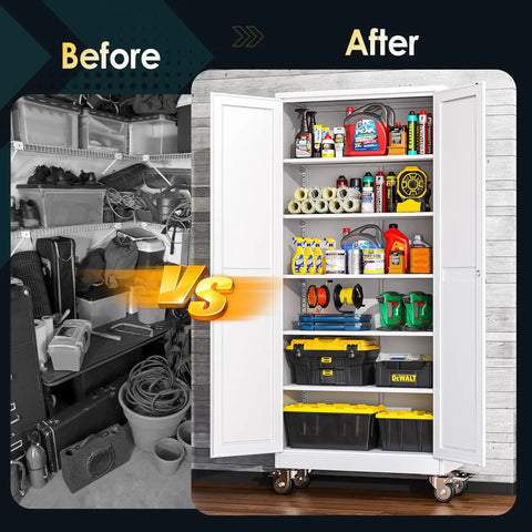 Heavy Duty 75 Inch Metal Garage Storage Cabinet On Wheels With Two Doors And Five Adjustable Shelves For Home Office Workshop And Warehouse White Easy Assembly organized with tools