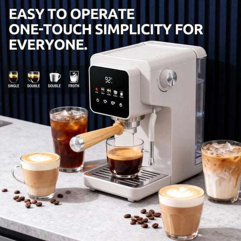 Next Level Touchscreen Espresso Machine Loaded With A 20 Bar Italian Pump And Quick Release Steam Wand for lattes on kitchen counter.