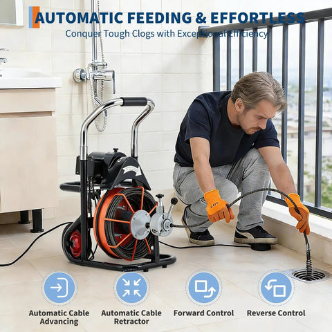 Heavy Duty 450 Watt Electric Drain Auger Machine Featuring 1850 RPM Motor Power And Extended One Hundred Foot Solid Steel Cable For Smoking The Toughest Clogs And Keeping Drains Running Fresh At Home Or Job Site, shown in use clearing a drain.