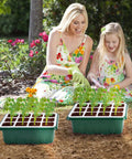 Mother and daughter gardening with Six Pack Seed Starter Tray With Grow Lights 72 Cell Silicone Seed Starter Kit outdoors
