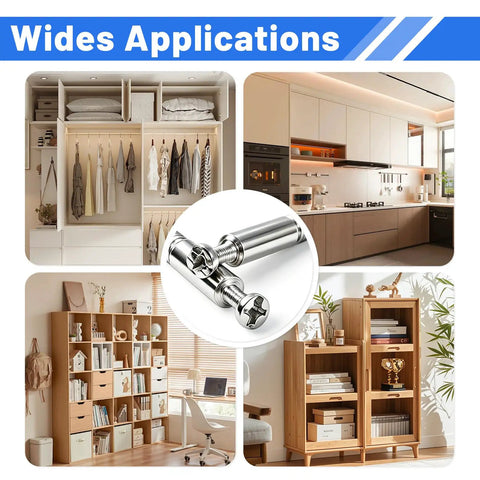 60 Pack 35mm Furniture Connecting Fittings with 6mm Thread Cam Lock Fasteners used in various home furniture designs.