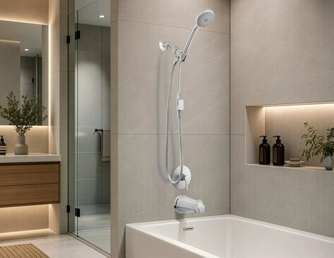 Evolve ShowerStart Express Multifunction 1.5 GPM Handheld Shower with Hot Water Saver Thermostatic Valve and Auto-Diverting Tub Spout System, Chrome against sleek bathroom tiles.